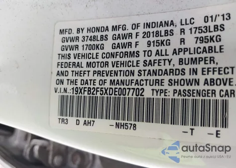 2013 Honda Civic Lx z USA, uszkodzony, nr VIN 19XFB2F5XDE007702